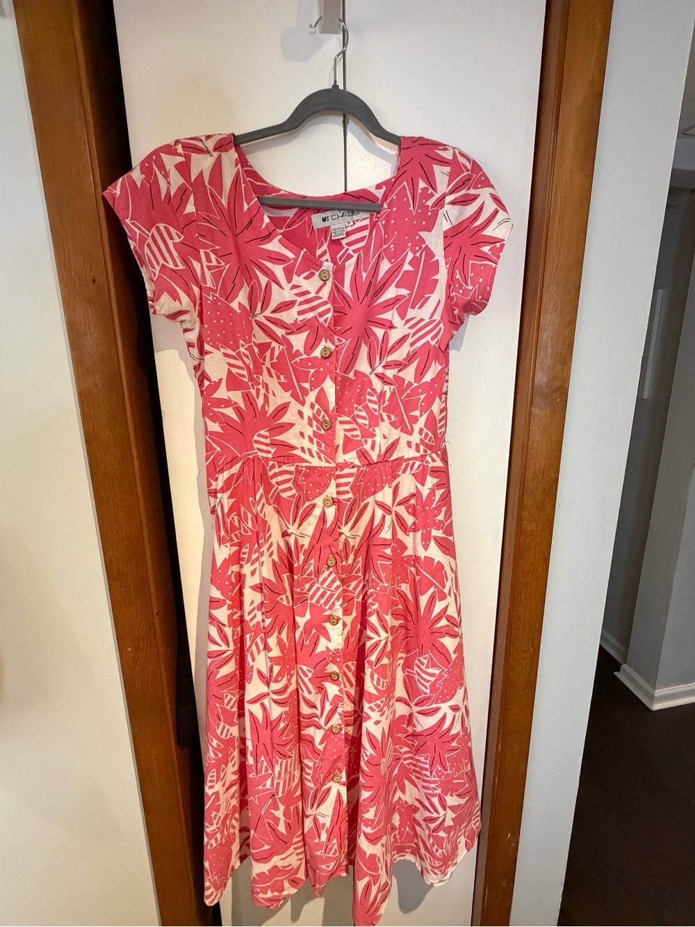 Vintage Ms. Chaus Tropical Palm Button-Front Dress Pink White RARE - Size 12